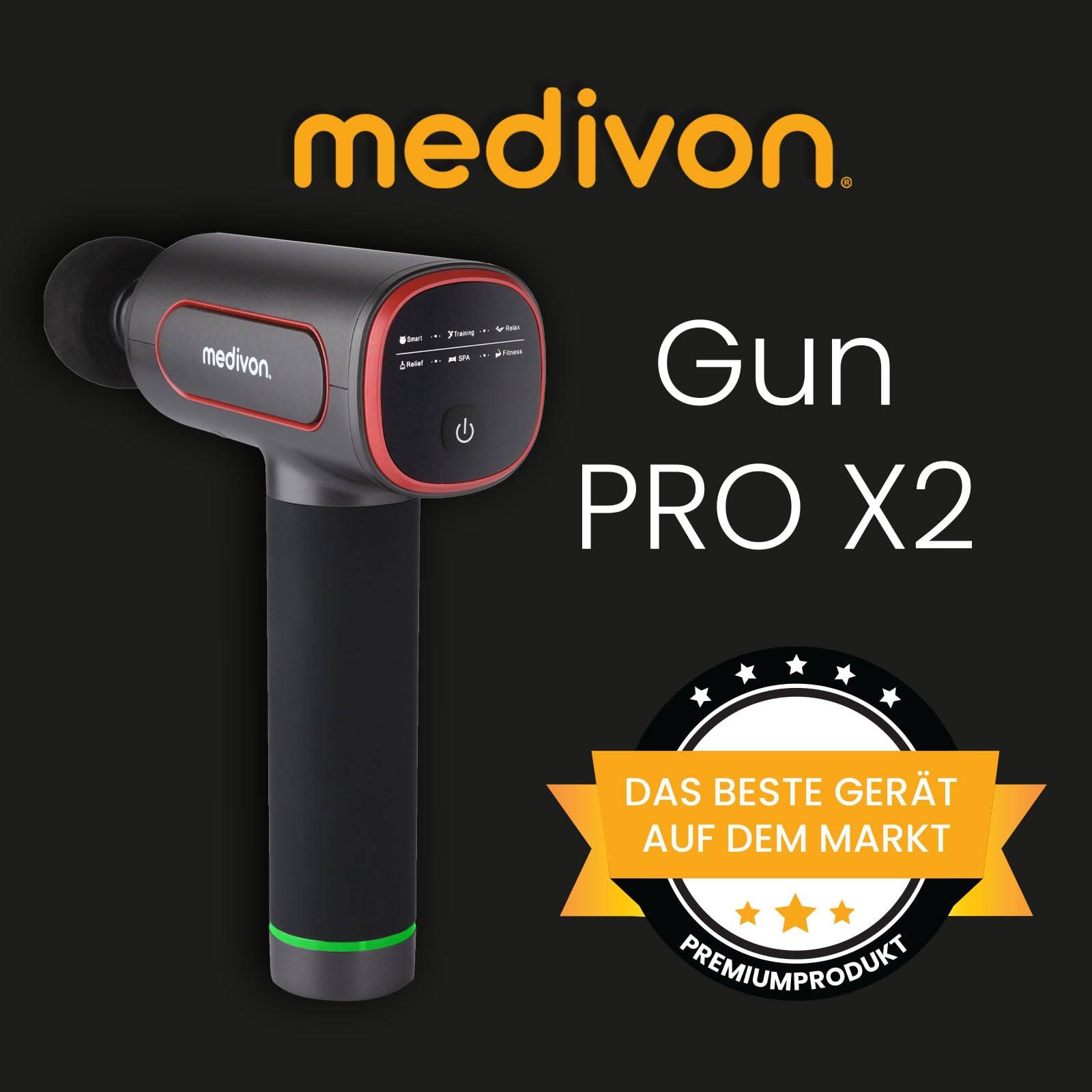 Medivon Gun PRO tragbare Massagepistole 6 Massageköpfe leiser Motor Tiefenmassage für Rücken, Nacken, Bein und Arm Muskeln Tragetasche - schwarz