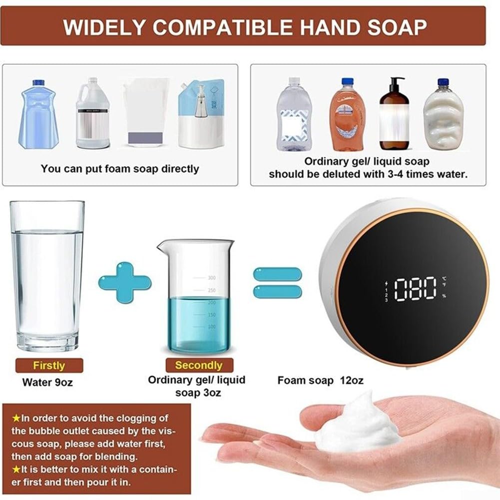 Dispensador de jabón, dispensador automático de jabón montado en la pared, dispensador de jabón sin contacto de 300 ml, sensor de pantalla LED de carga USB, para baño, cocina (gel negro)