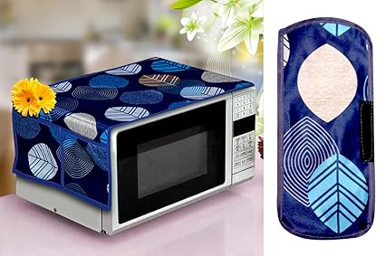 KANUSHI Industries Microwave/Oven Top Cover with 4 Utility Pockets + 1 Pc Handle Cover (Micro-Blue-Long-Leaves+1-Handle)