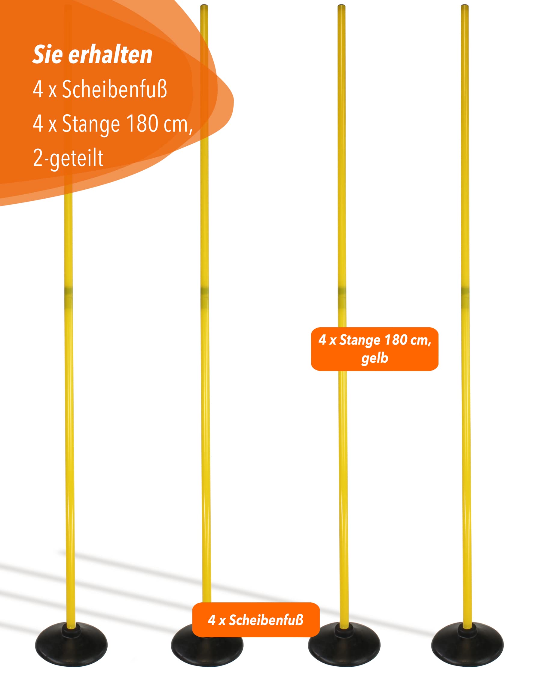 Kombi-Scheibenfuß aus Vollgummi & Slalomstange 180 cm – 4er Set – Rubber Base & Stange für Slalom & Koordinationstraining – für Fußball & Hundesport – Slalom-Set