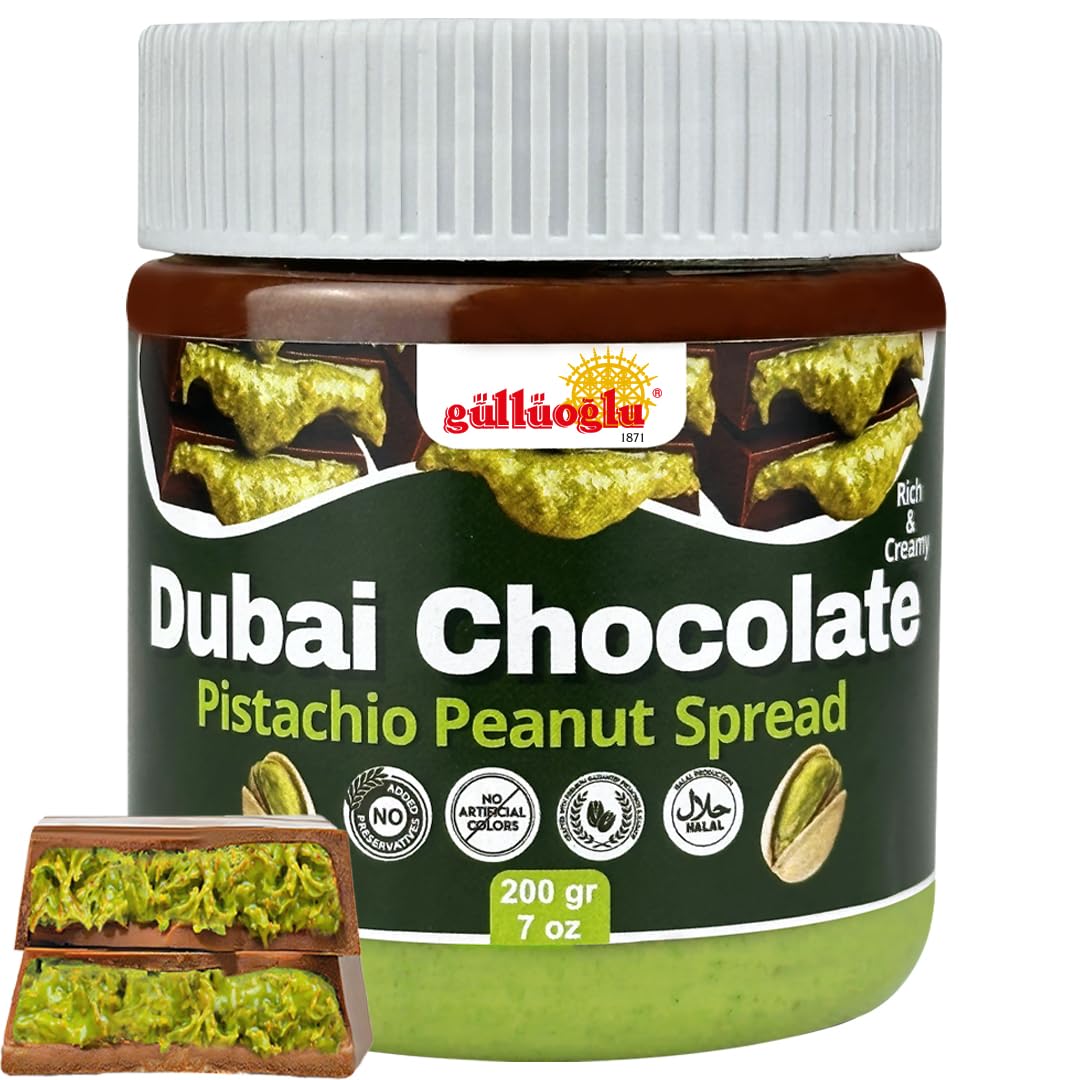 Gulluoglu Dubai Chocolate Pistachio Peanut Spread – Rich & Creamy Middle Eastern Chocolate Paste with Roasted Pistachios & Peanuts, 7 oz (200g) Jar – Gourmet Halal Dessert