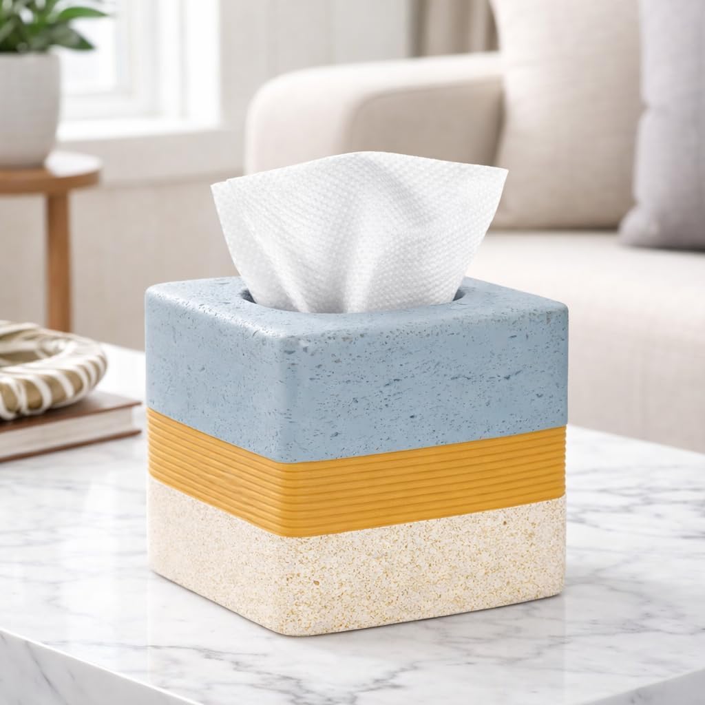tissue box cover square resin facial tissue holder covers modern paper dispenser home decor for bathroom vanity countertop living room bedroom office dresser desk accessories decorative rice blue