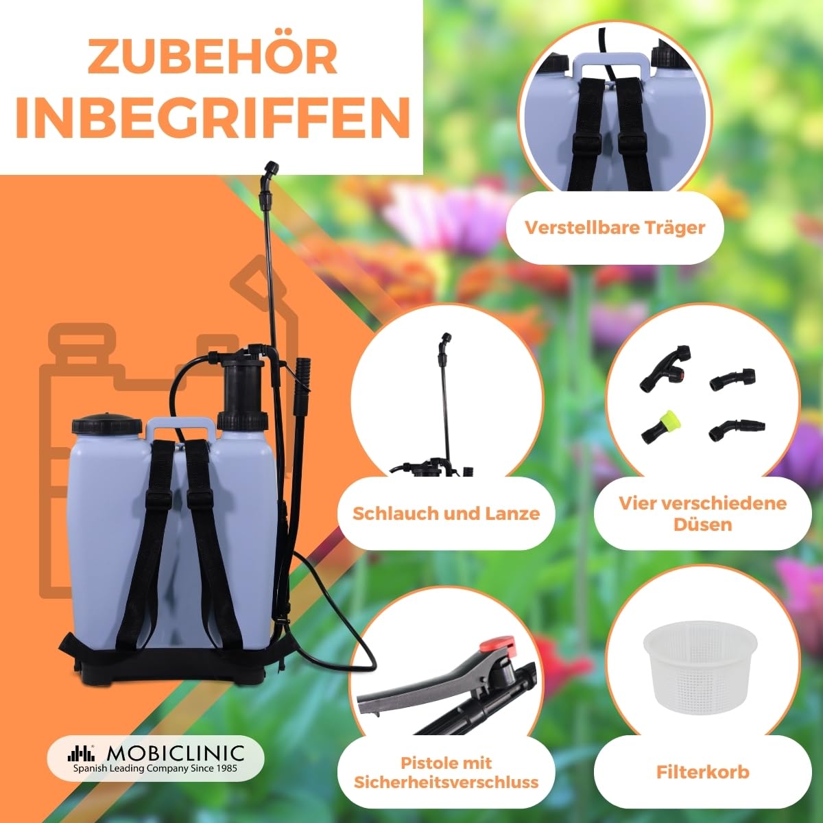 Mobiclinic®, Rückenspritz, 16 L, Gartenarbeit, Pumpendruck, 4 Verstellbare Düsen, Leichtgewicht 2 kg, Sprühgerät, Bewässerung, Schädlingsbekämpfung, Pflanzenpflege, Fumibug