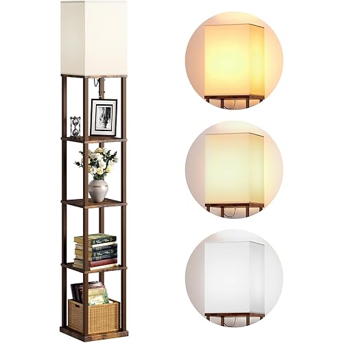 addlon Floor Lamp with Shelves, 5-Tier Modern Shelf Floor Lamp with 3CCT LED Bulb, Display Lamp for Living Room, Bedroom and Office - Brown