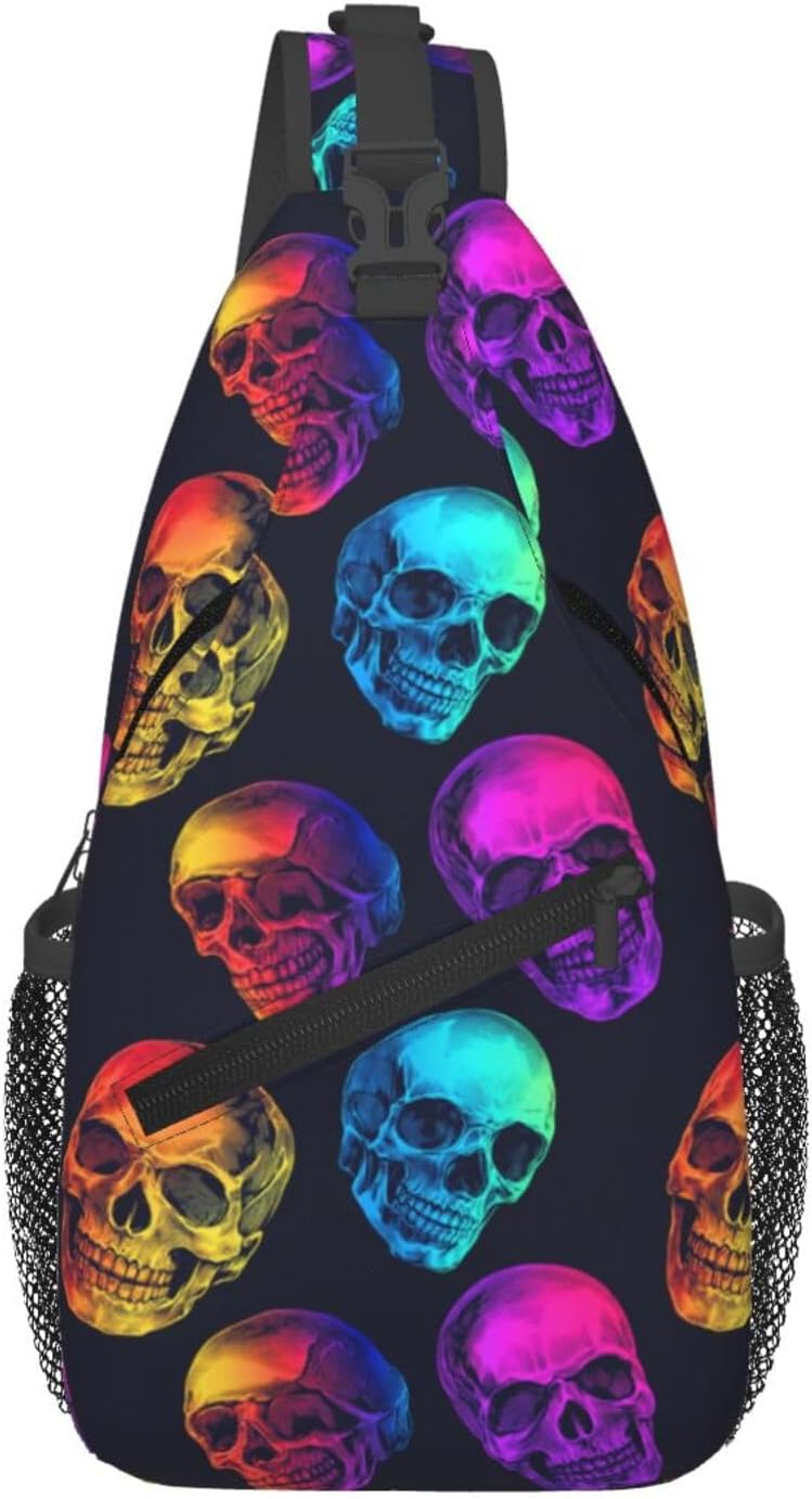 Colorful Neon Skull Sling Backpack Hiking Backpack Crossbody Bag Sports Lightweight And Durable Chest Bag Shoulder Bag For Women Men - Image 2