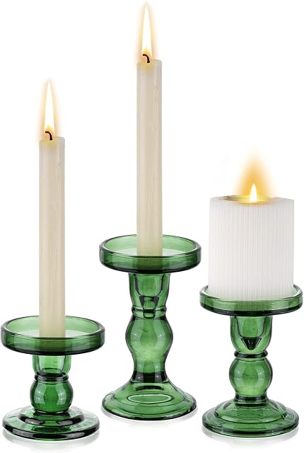 Candlestick Holders Glass Candle Holder - Set of 3 Candle Holders for 8cm Pillar Candles & 2.5cm Taper Candle, Green Tapered Candle Holders Centerpieces for Halloween Christmas Wedding Table Decor
