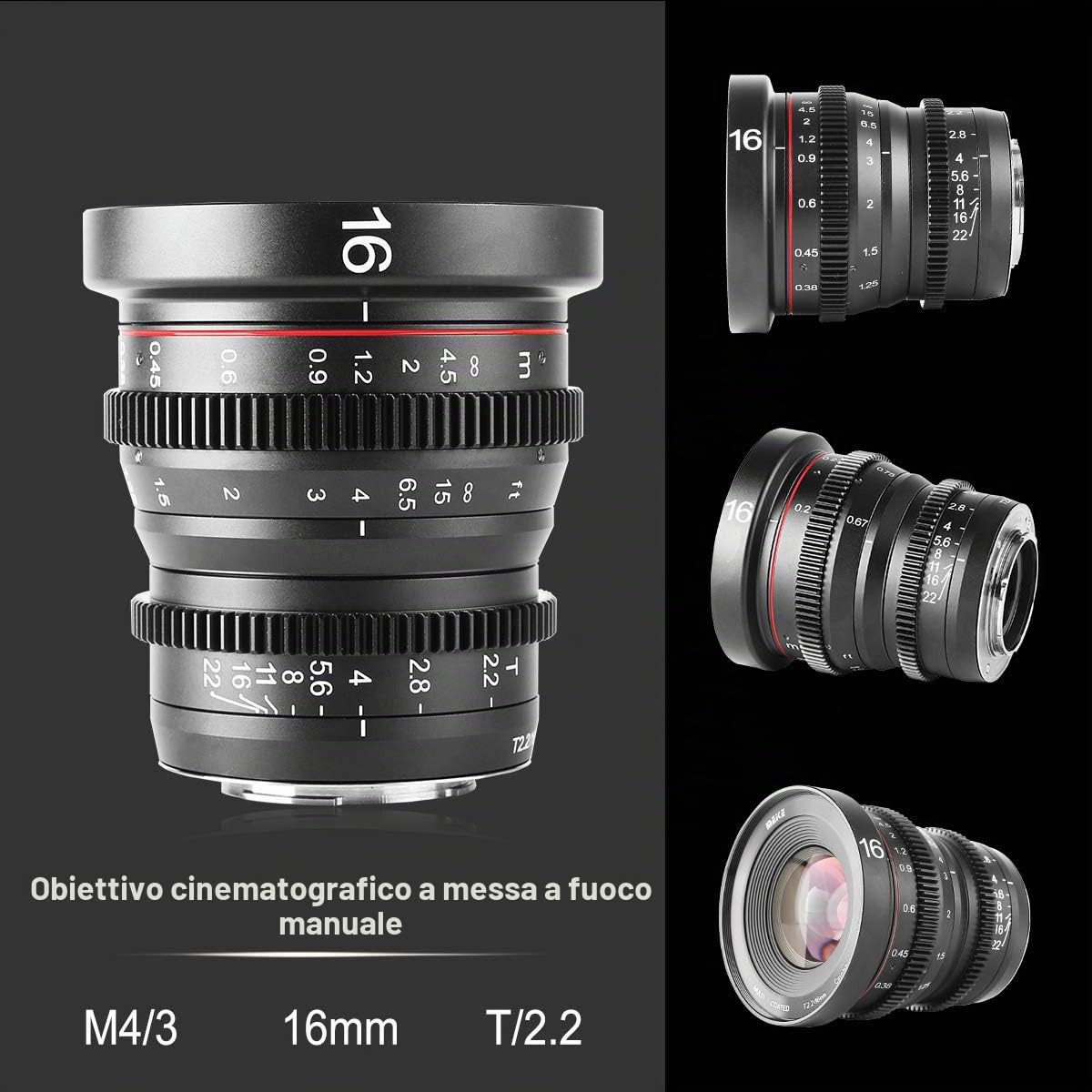 MEKE Obiettivo mini Cine 4K T2.2 da 16 mm con grande apertura, messa a fuoco manuale, bassa distorsione, per Micro Quattro Terzi M4/3 MFT, compatibile con fotocamere Olympus/Panasonic Lumix e BMPCC 4K