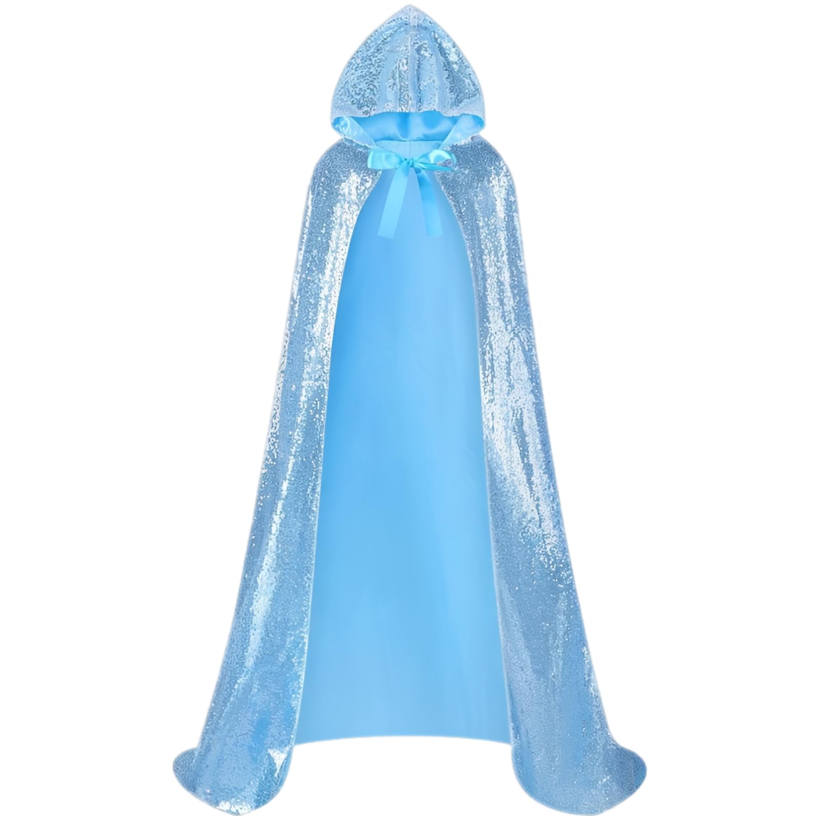 Cape à Paillettes réversibles Bleu Clair, Cape Cosplay Brillante à Double Couche, Longueur 1,5 m, avec Capuche, pour déguisement de Princesse Halloween, tombé Fluide et Effet féerique