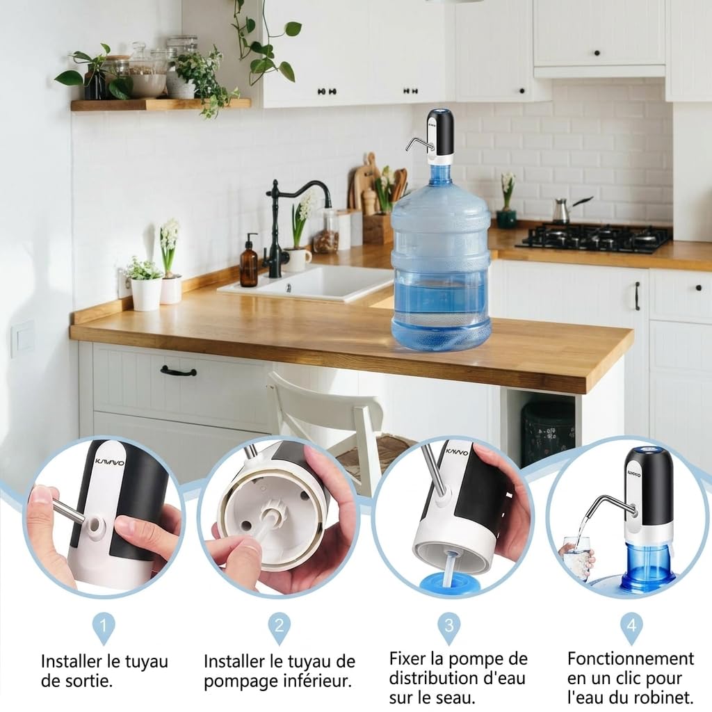 Pompe à Bouteille d’Eau, 2 Adaptateurs Supplémentaires de Différents Calibres, Distributeur d’Eau Électrique Portable avec 2 Tuyaux Libres à Couper Noir Blanc, En Silicone,Plastique