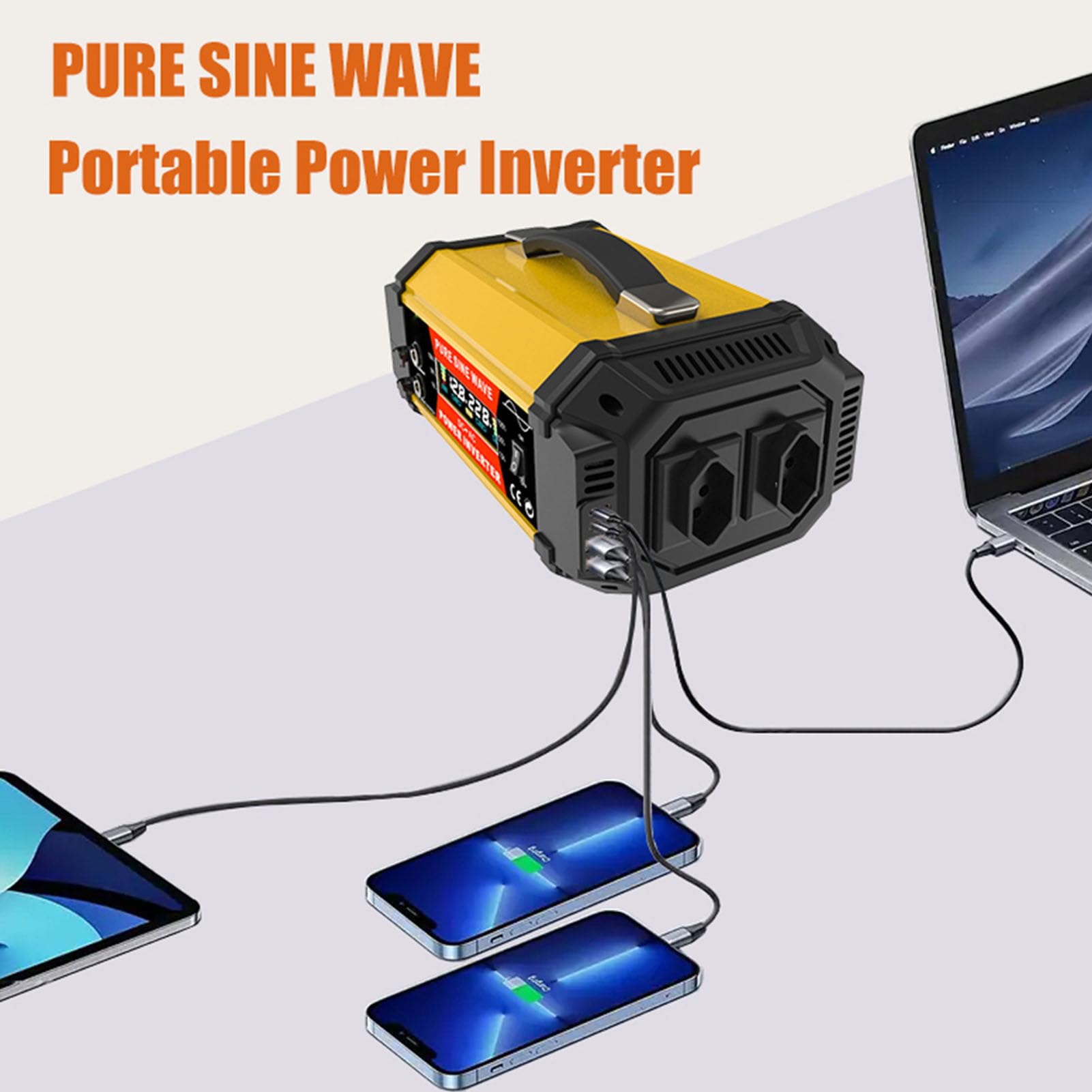 Keenso Przetwornica Mocy 800 W, Czysta Fala Sinusoidalna ABS Przetwornica Energii Słonecznej 12 V do 220 V z Wyświetlaczem LCD, Szybkie ładowanie Dual AC Dual USB, do Samochodów, łodzi, Wycieczek