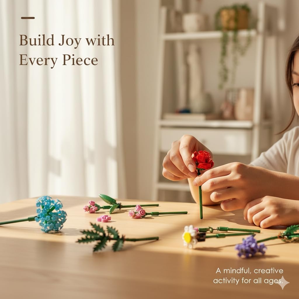 1000 Pcs Flower Bouquet Building Kit,Artificial Flower Bouquet Kit for Adults, Botanical Collection Home Decor, for Women and Girls,Anniversaries and Christmas Ideal Gift - Image 5