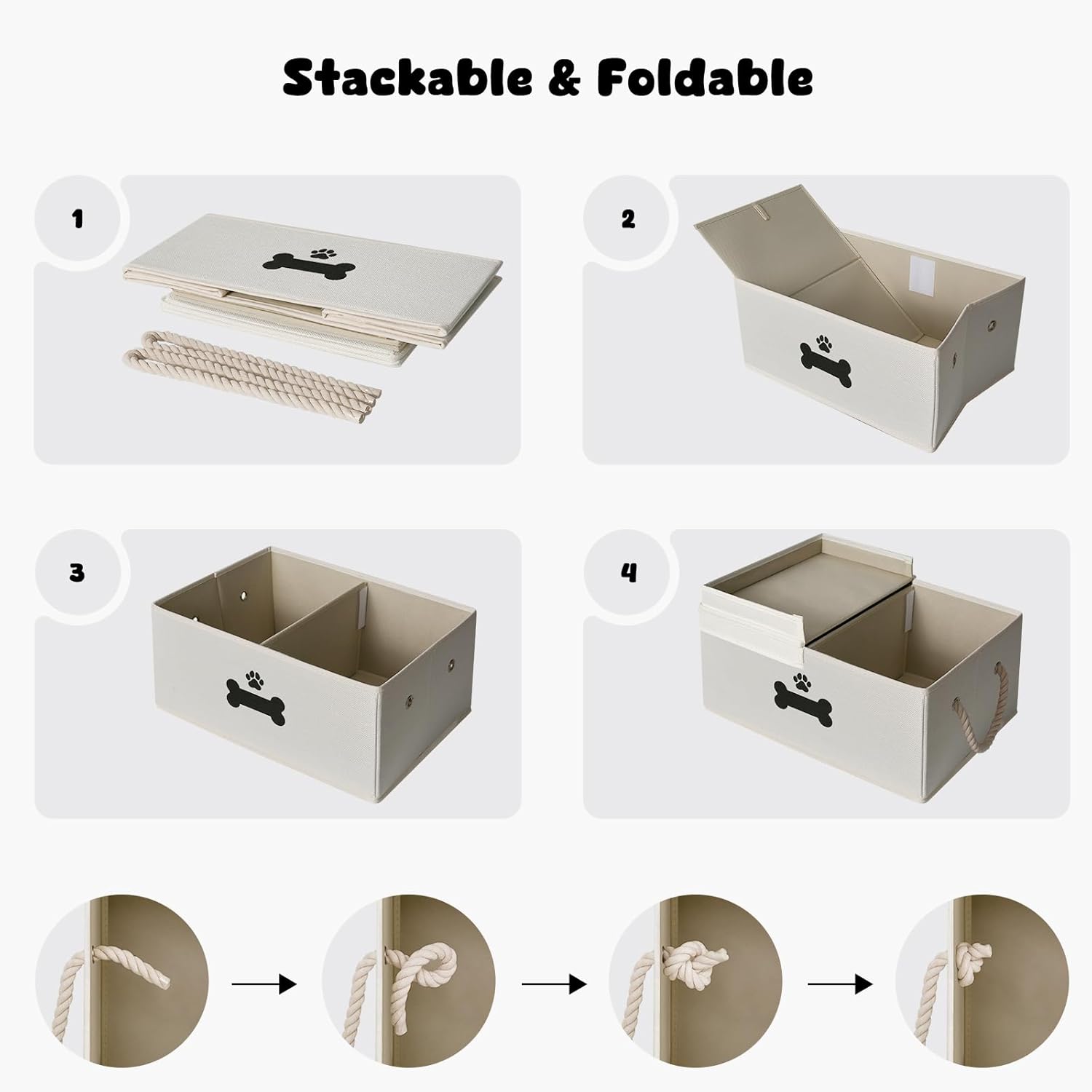 Dog Toy Basket with Double-Open Lid, Divided Dogs Basket for Toys, Collapsible Pet Toy Box, Dog Storage Organizer with 2 Divided Area, Puppy Toys Baskets with Rope Handles, Beige