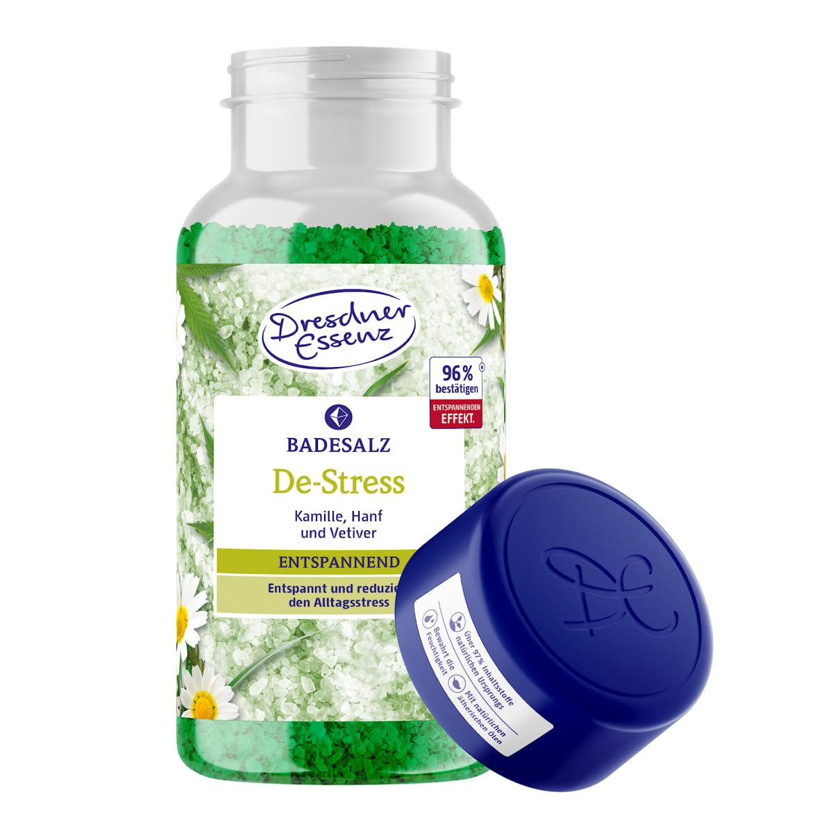Dresdner EssenzDe-Stress Bath Salt 600 g Relaxing with Essential Oils and Magnesium-Containing Epsom Salt Bath Crystals for Relaxation and Stress Reduction (Chamomile, Hemp, Vetiver)