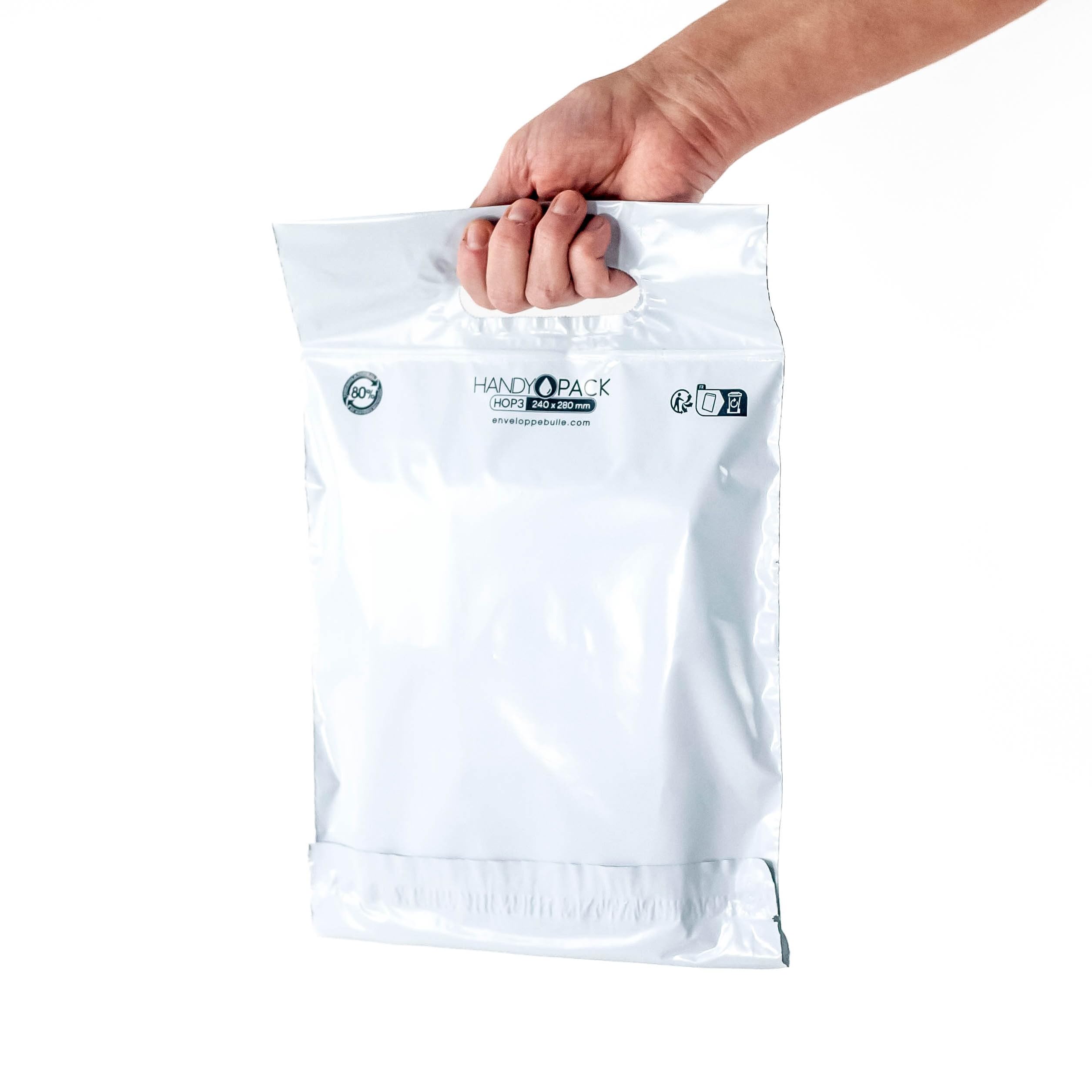 HandyOpack Buste in plastica bianca opaca con manico per il trasporto (500, HOP3-240x280 millimetri)