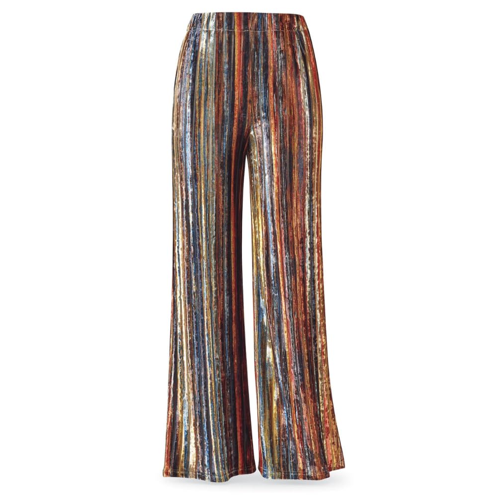 Striped Burnout Crushed-Velvet Pants for Women Retro Straight Leg Bottoms with High Waist and Elasticized Band
