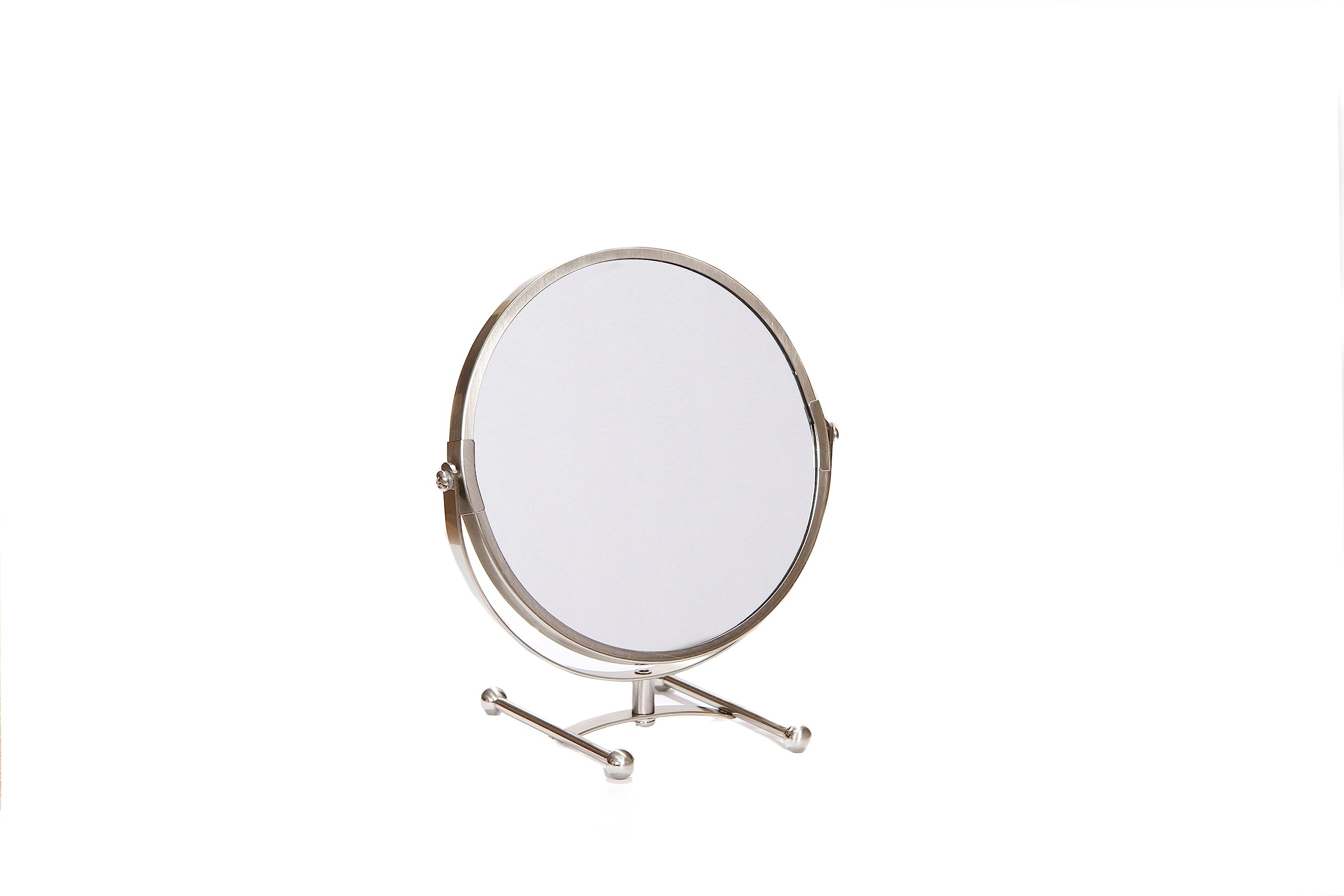 SOFINNI Desk Table Vanity Mirror Portable Dual Sided Makeup 5X Magnification Swivel 360 Rotation with Adjustable Stand, Satin