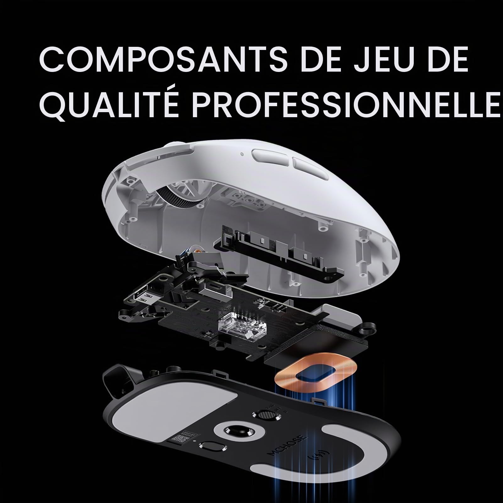 FOXMM x MCHOSE A7 V2 Pro Souris Superlight 59 g, Capteur 26 000 DPI, 6 DPI Réglables, Taux de Polling 8K Hz Ultra Rapide, Souris de Jeu sans Fil BT/2,4 GHz/Filaire, Batterie 200 Heures Blanc
