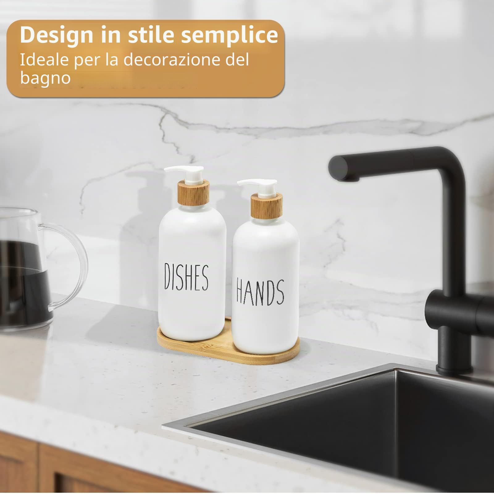 FEILANDUO Set di dispenser per sapone per lavello da cucina, dispenser per sapone per le mani per bagno con pompa in bambù e vassoio per sapone, decorazione per la casa della fattoria
