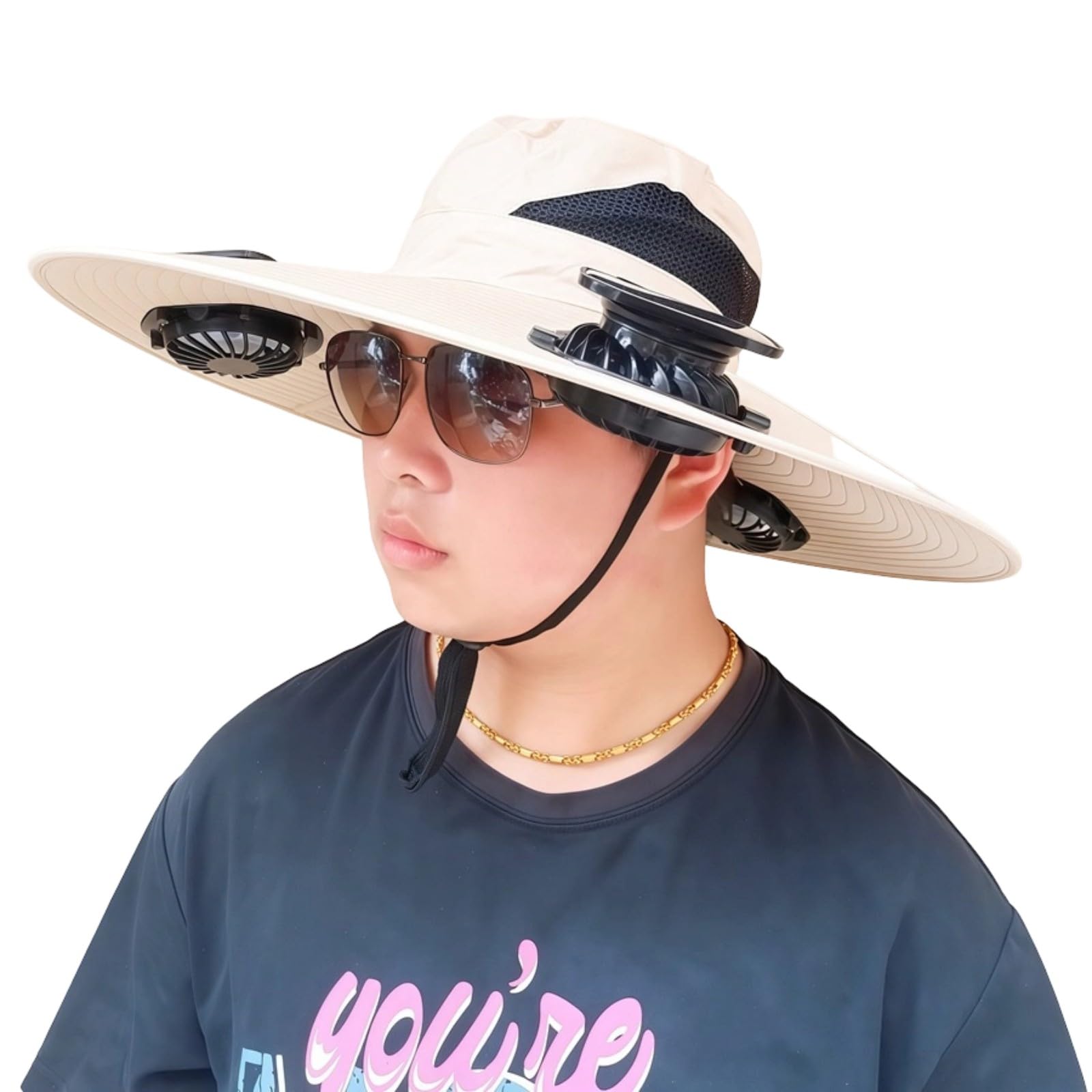 Cooling Sun Hat with Wide Brim Shade and Chin Cord, Wearable Solar Fan Hat for Hiking Fishing and Travel Solar Fan Wide Brim Cooling Sunhat Outdoor Shade Cap Wearable Camping Fishing Hiking Gardening