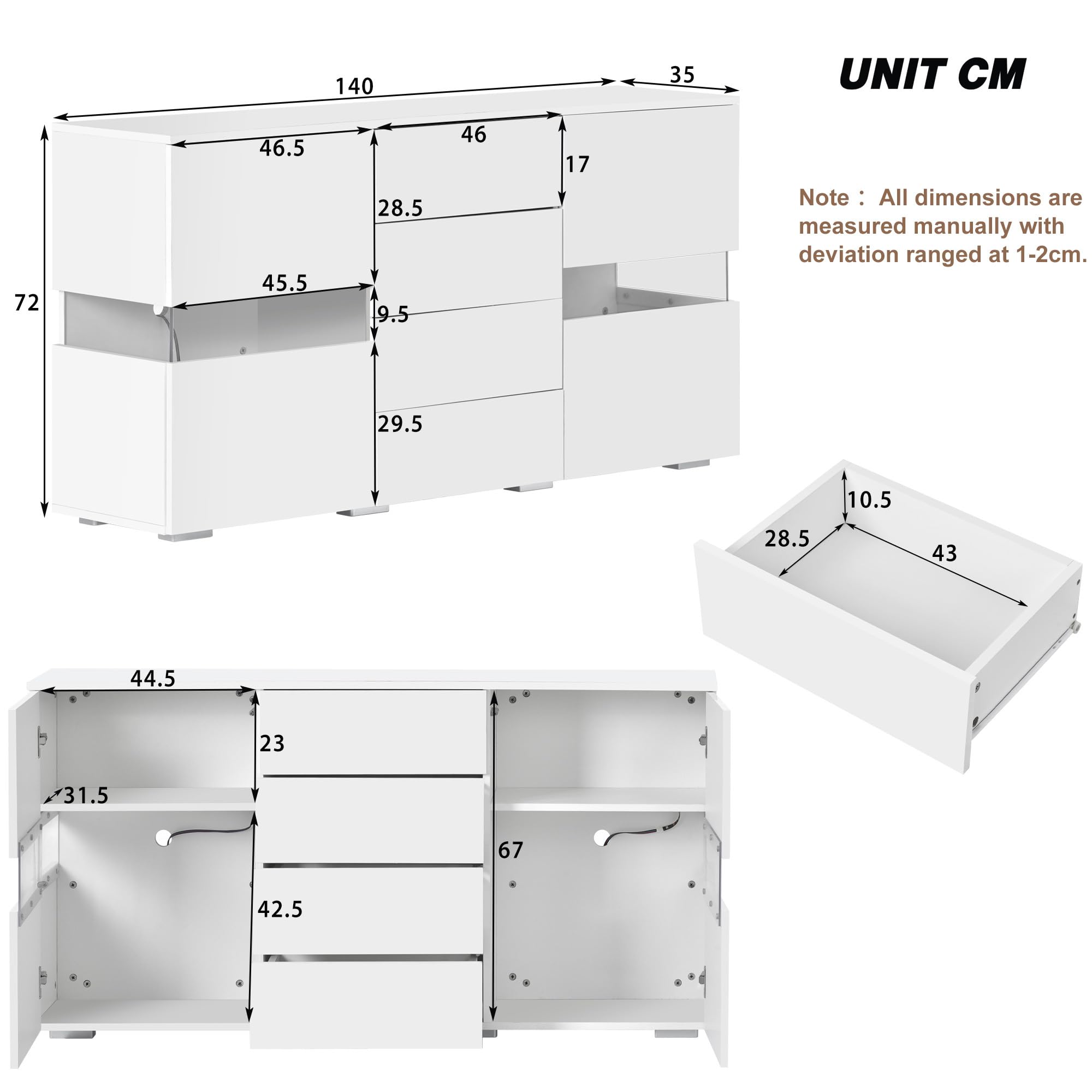 LINKHOO Buffet Blanc Brillant, Armoire de Rangement, avec 16 lumières LED de Couleurs différentes, pour Salle à Manger ou Salon, Charge maximale 50 kg, 140 * 35 * 72 cm, Blanc