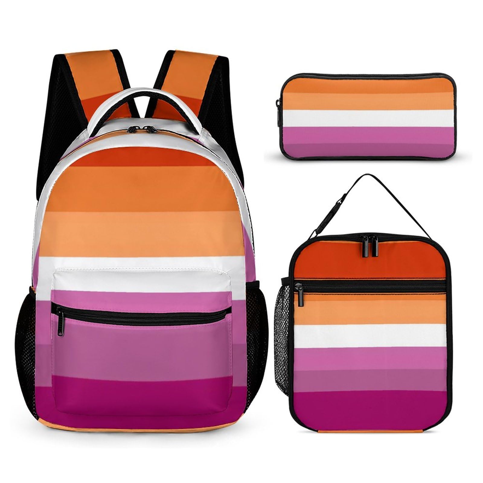 LEFEDALesbian Pride Flag Large Capacity Backpack Lunch Bag Pencil Case Combination Travel Camping Daypack 3 Piece