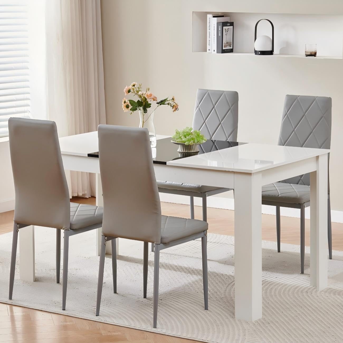 Homullel 150 cm Dining Table and 4 Chairs, 4 Seater Table and Chairs Set, 5 Pieces Kitchen Dining Room Set for 4, Compact, Space Saving (Grey Faux Leather Argyle Grid, 150cm, 4 Seats) — image 1