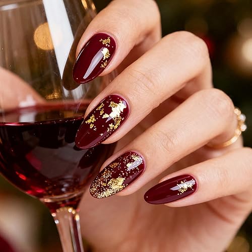24Pcs Christmas Press on Nails Medium Almond QUNQINLI Wine Red