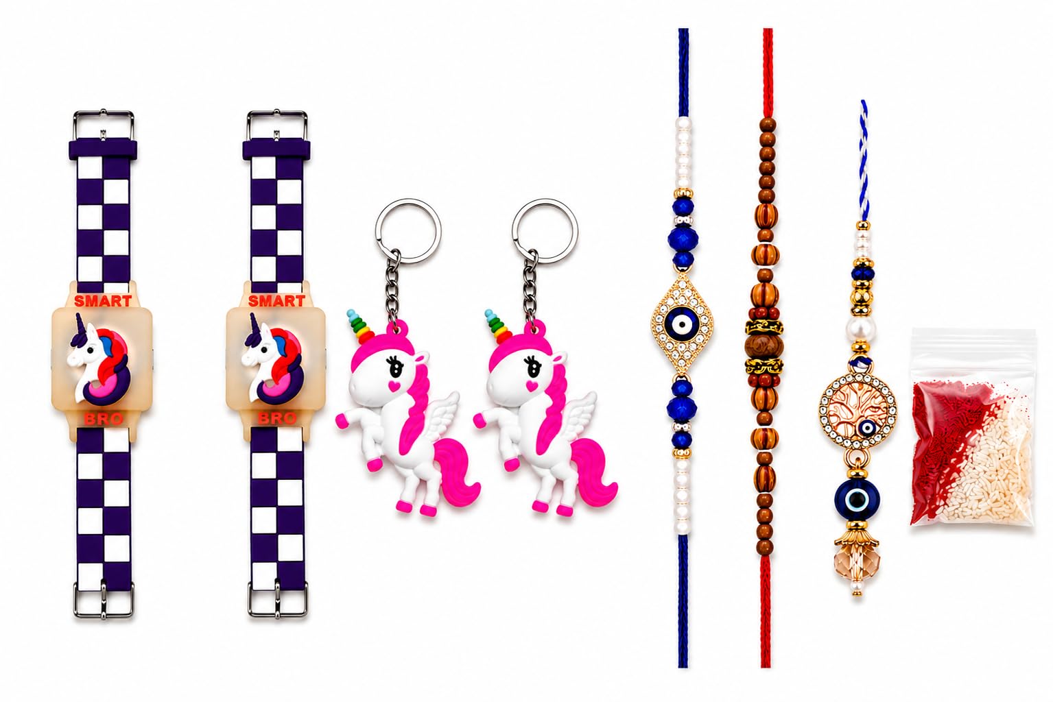 Rakhi Combo Set for Brother Bhabhi and Kids - 2 Smart Bro Watch Rakhi with Keychain (Doraemon & Unicorn) + 3 Traditional Designer Rakhis with Roli Chawal - Raksha Bandhan Gift Set-picture-31