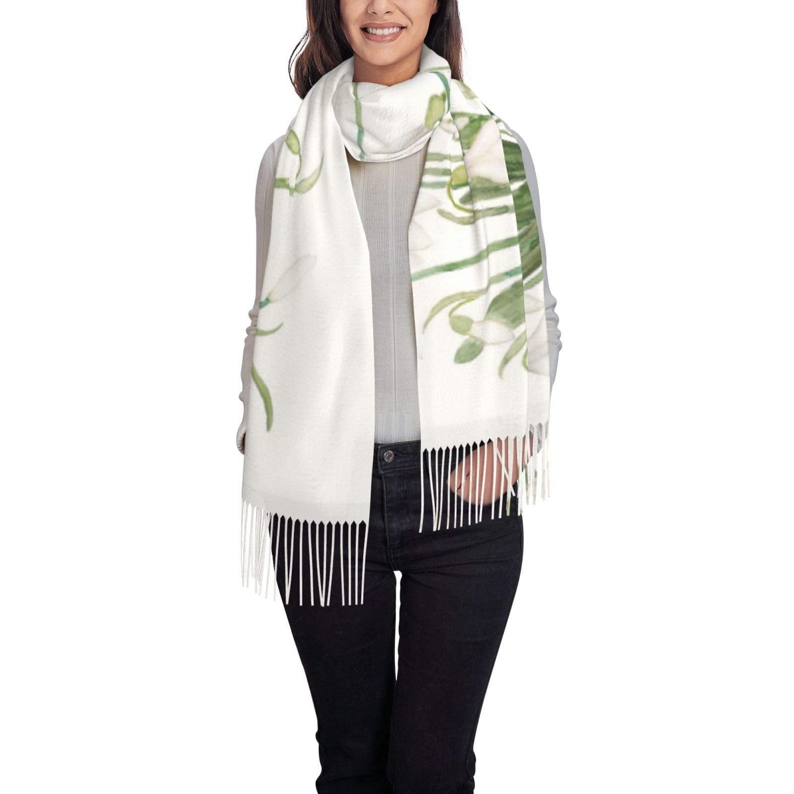 Poadnly Unisex As Picture White Snowdrop Flower Botanical Watercolor Painting, Large Soft Cashmere Feel Shawls Wraps Women Fringed Scarf Light Stole 197X72 Cm
