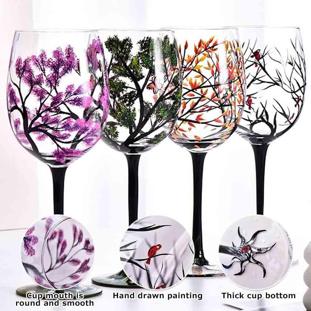 4PCS Hand Painted Wine Glass Four Seasons Tree Wine Glasses Fall Leaves Flower Seasons Colored Red Wine Glasses for Wine Cocktails Novelty Gift for Birthdays Weddings Gifts (Stem glass)