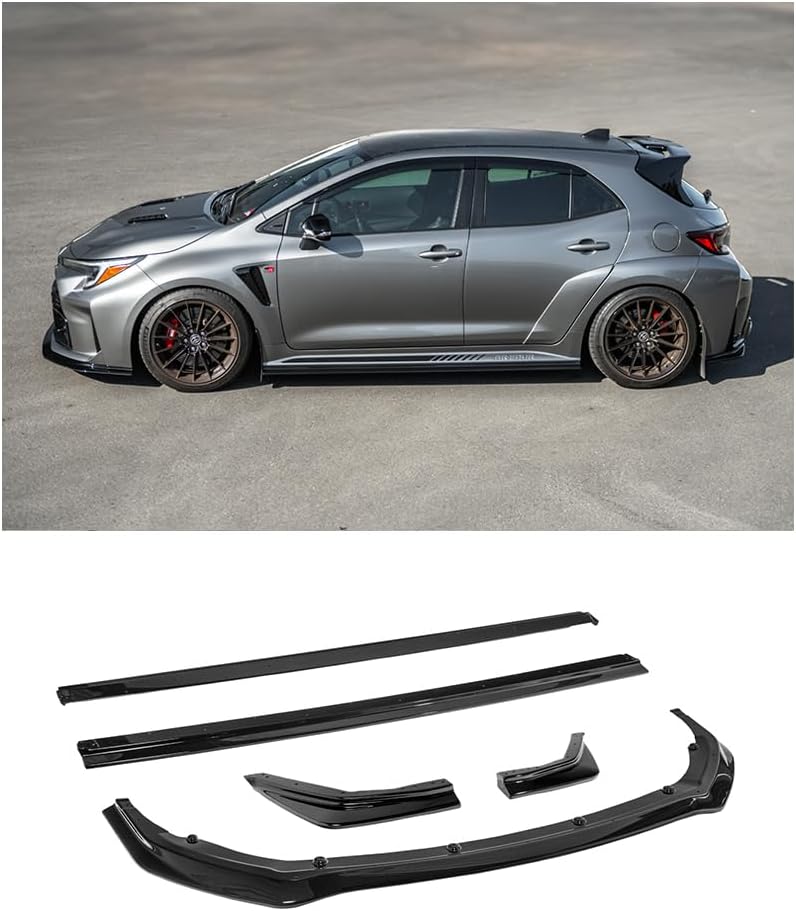 Replacement for 2023-2024 Toyota E210 GR Corolla Models | GR Style Front Bumper Lip Splitter & Side Skirts Rocker Panel Extension Pair & Rear Apron Lip Side Spat (ABS Plastic - Painted Glossy Black)