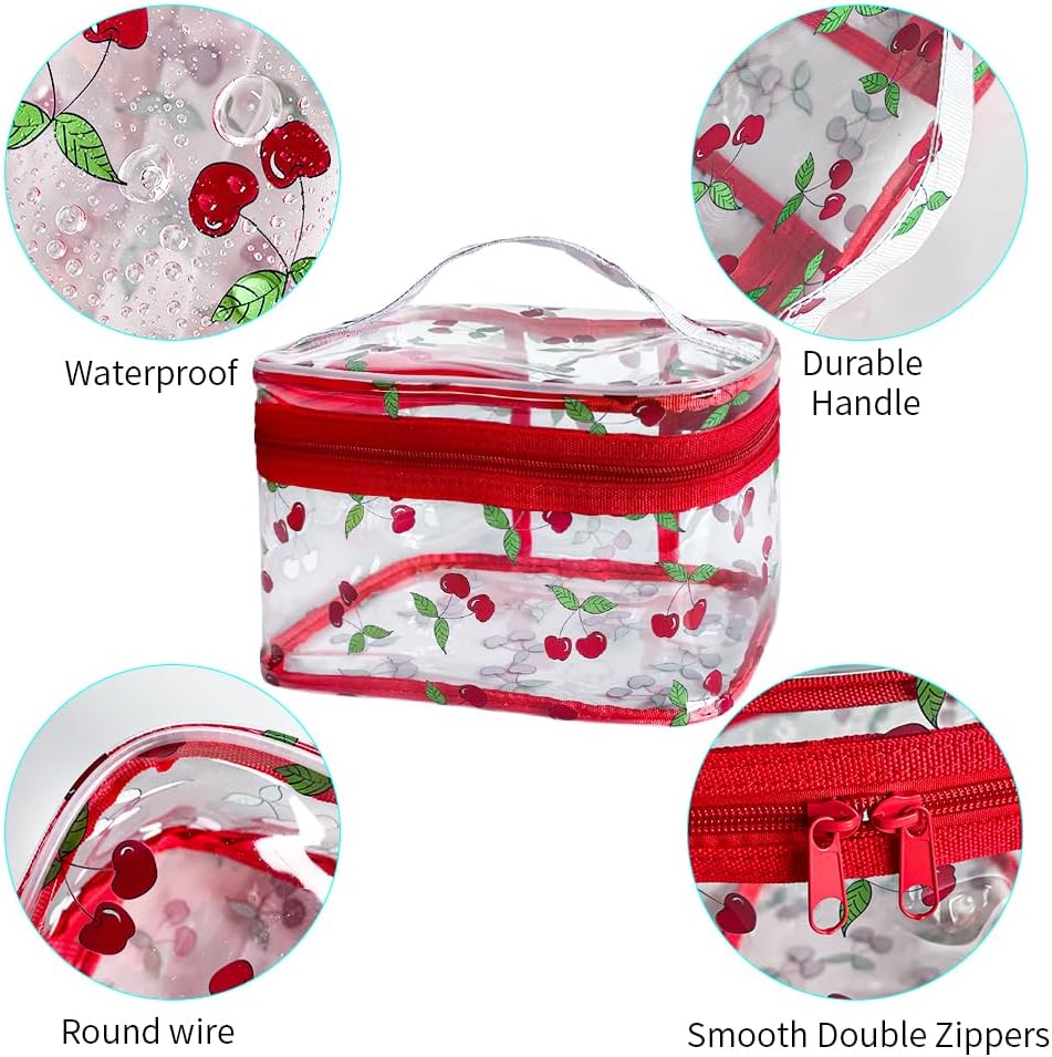 Cherry Clear Cosmetic Bag Transprent Clear Makeup Bag Travel Pouch with Handle-Durable PVC Material,Versatile,Zipper Design for Smooth Sliding-Ideal for Makeup,Travel Essentials (Cherry) - Image 4