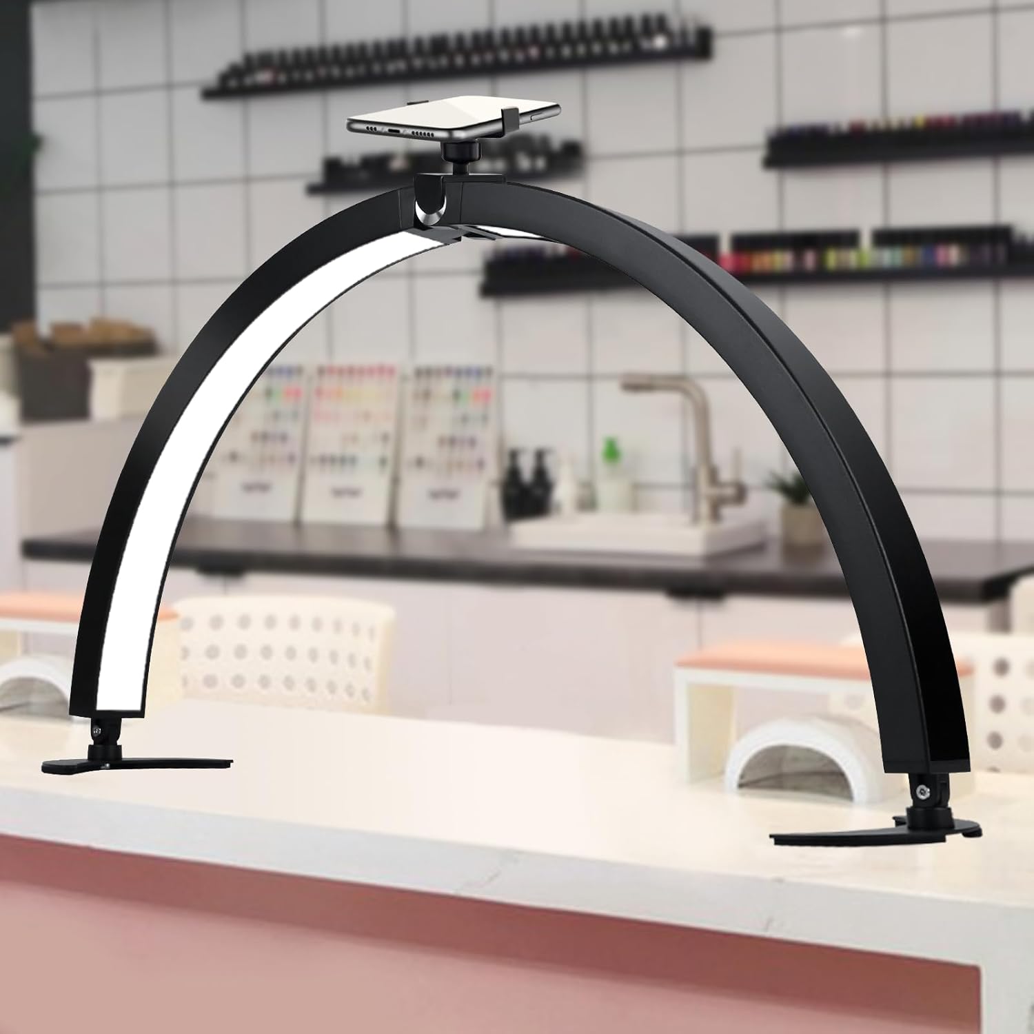 Large Half Moon LED Light for Table Nail Desk with Phone Stand, Upgrade Arch Light for Nail Techs with Wire Controller and Remote for Nails Tech Manicure