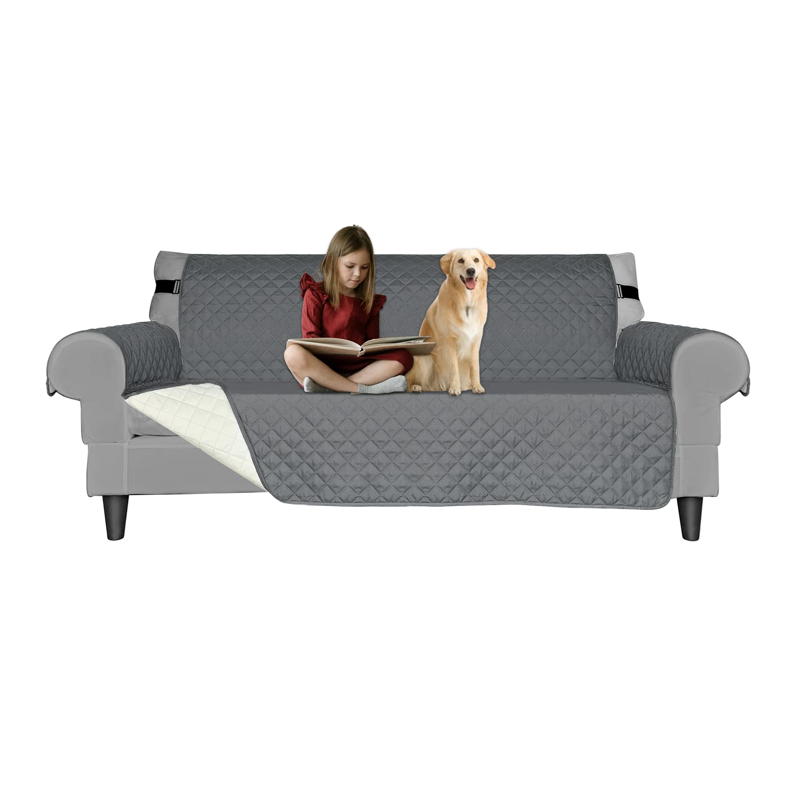 SPECILITE Reversible Sofa Couch Cover, Washable Slipcovers with Elastic Straps for Kids Children, Tear Resistant Microfiber Furniture Protector from Dog Cat Pets - 66" Seat Width, Grey