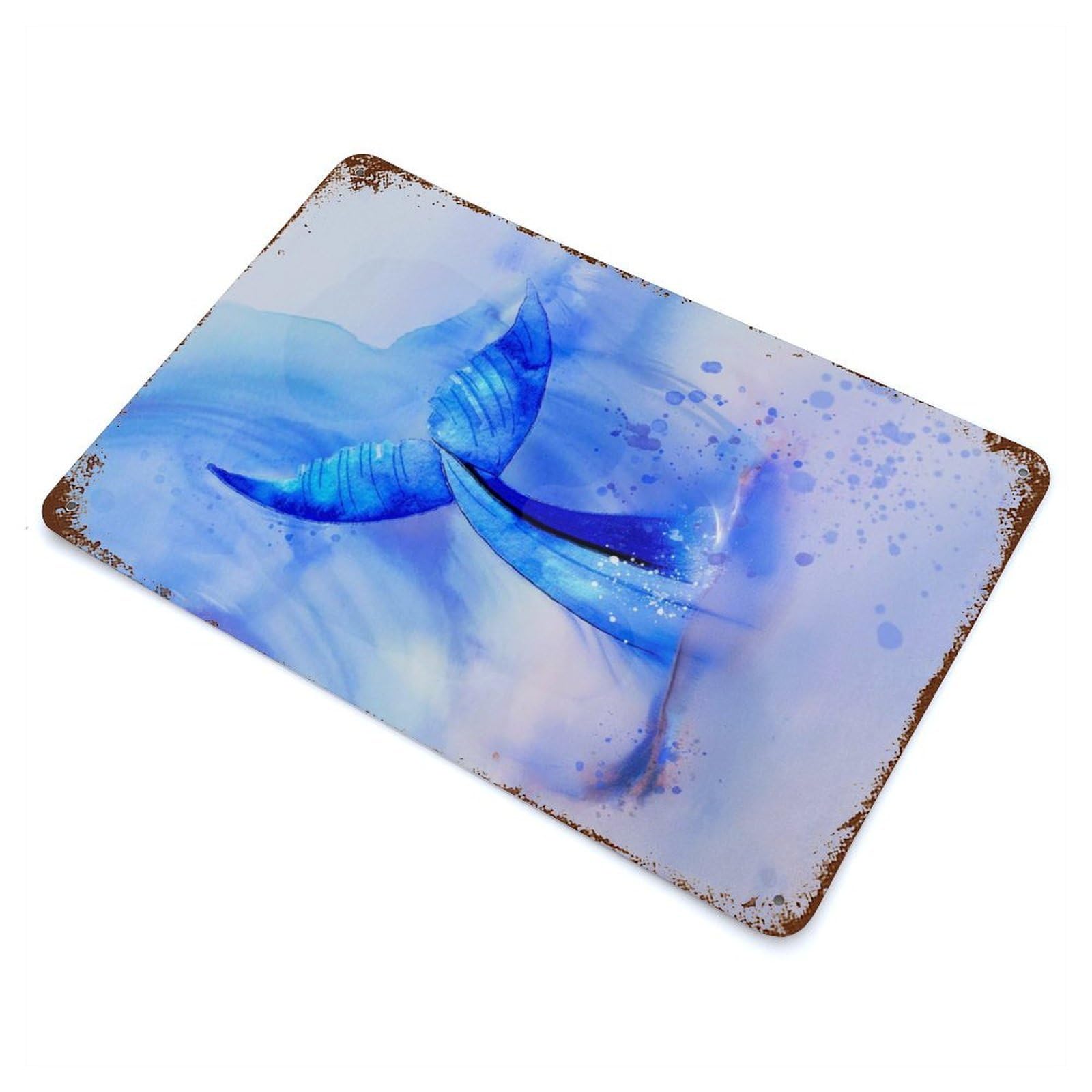 Whale Tail Watercolor 11.8"x7.9" Rust Effect Tin Sign, Industrial Home Decor for Living Room, Hallway And Home Decor
