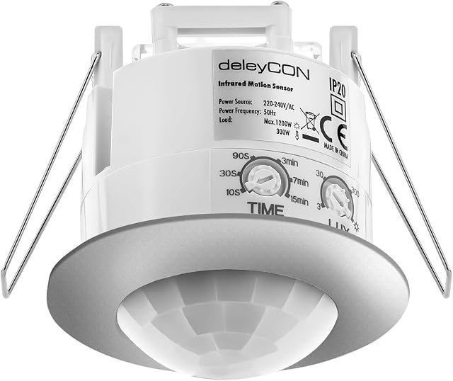 deleyCON 1x Infrared Ceiling Motion Detector Interior Range 6m (19.68 ft.) at 360° Adjustable Ambient Brightness IP20 Flush Chrome