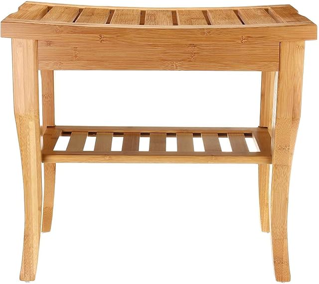 Unibos Slatted Bamboo Shower Bench Step Stool, Heavy Duty Bamboo Multi Purpose Step Stool & Seat with Storage Shelf Indoor or Outdoor use