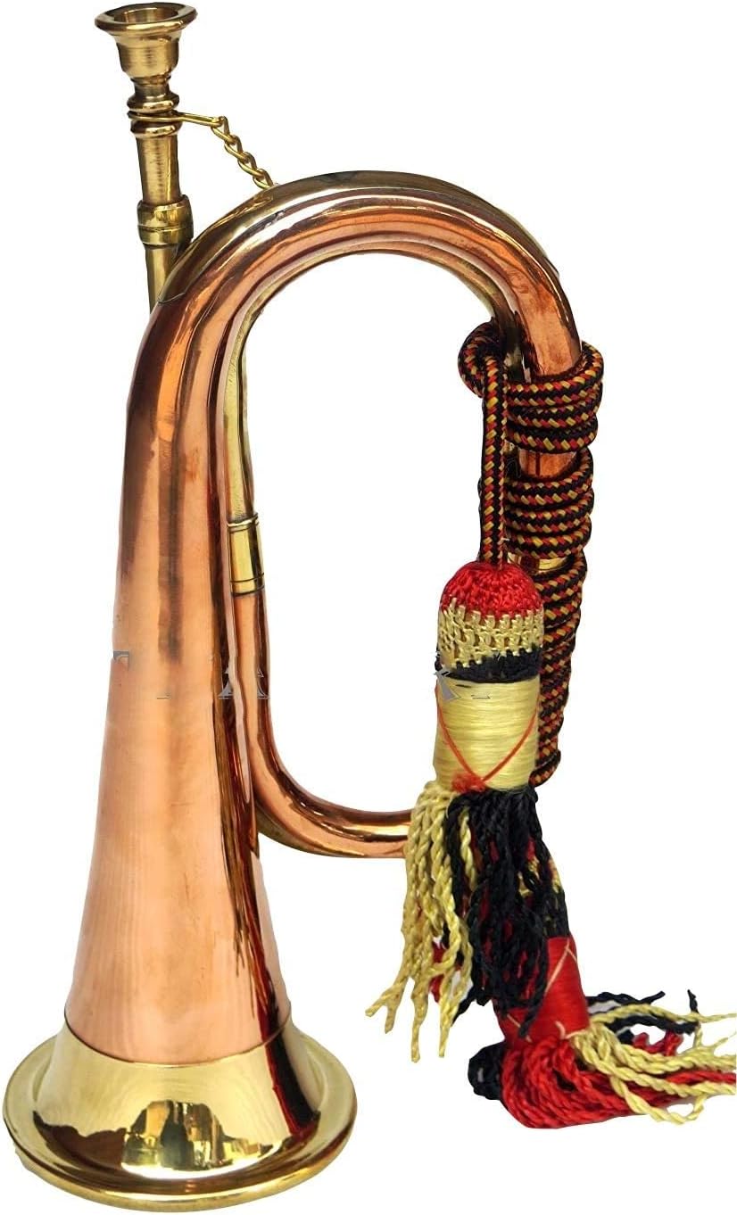NauticalMart Heavy Brass And Copper Blowing Bugle Horn 10.6" Inch Signal Musical Instrument Classic Style With Beautiful Colourful Rope Binding