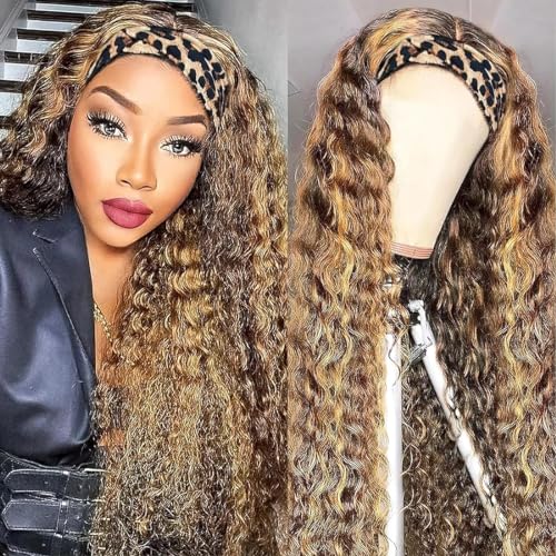 Image of XSY Headband Wig Human Hair, Ombre Highlight Curly Human Hair Wigs for Black Women No Lace Front Wig 150% Density 4 /27 Highglight Wig (26 Inch)