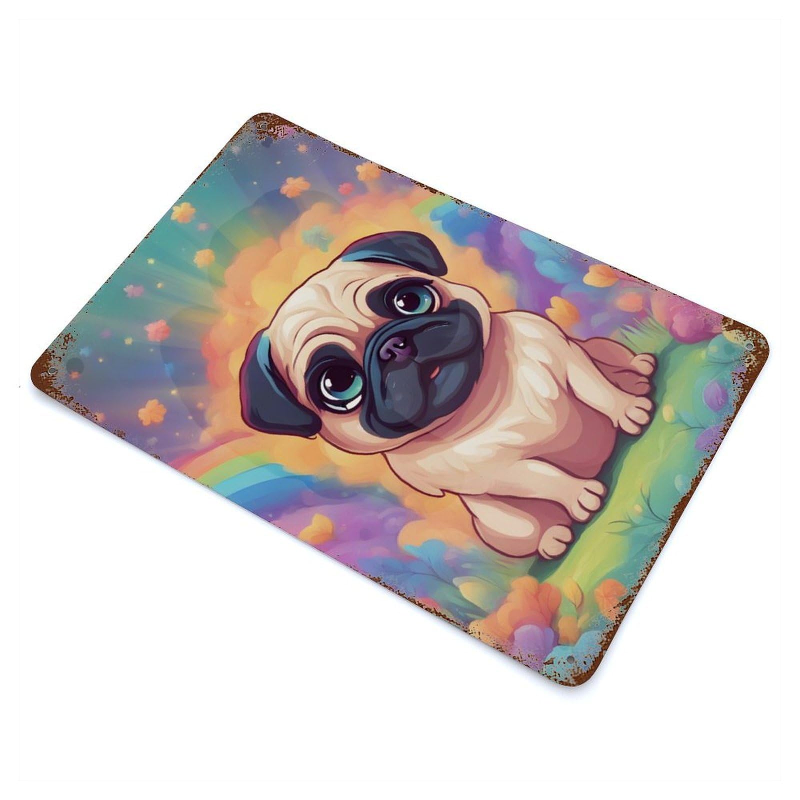 Aged Metal Wall Plaque with Cute Pug Design 11.8"x7.9", for Farmhouse, Kitchen And Entryway Decor, Retro Wall Decor