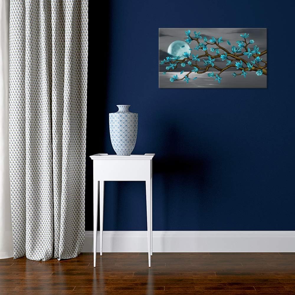 Visual Art Decor Teal Floral Wall Decor Turquoise Magnolia Blossom Full Moon Painting Canvas Prints Picture for Bedroom Living Room Wall Decor,Framed 20inx36in