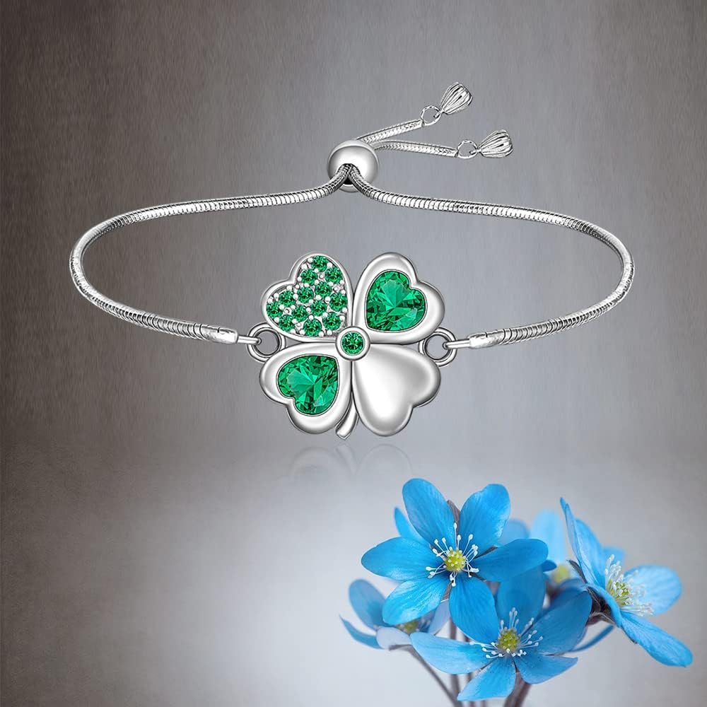 St Patricks Day Bracelet Shamrock Four Leaf Clover Bracelet for Women Sterling Silver Irish Shamrock Jewelry Cute Green Clover Charm Lucky Gifts Adjustable - Image 3