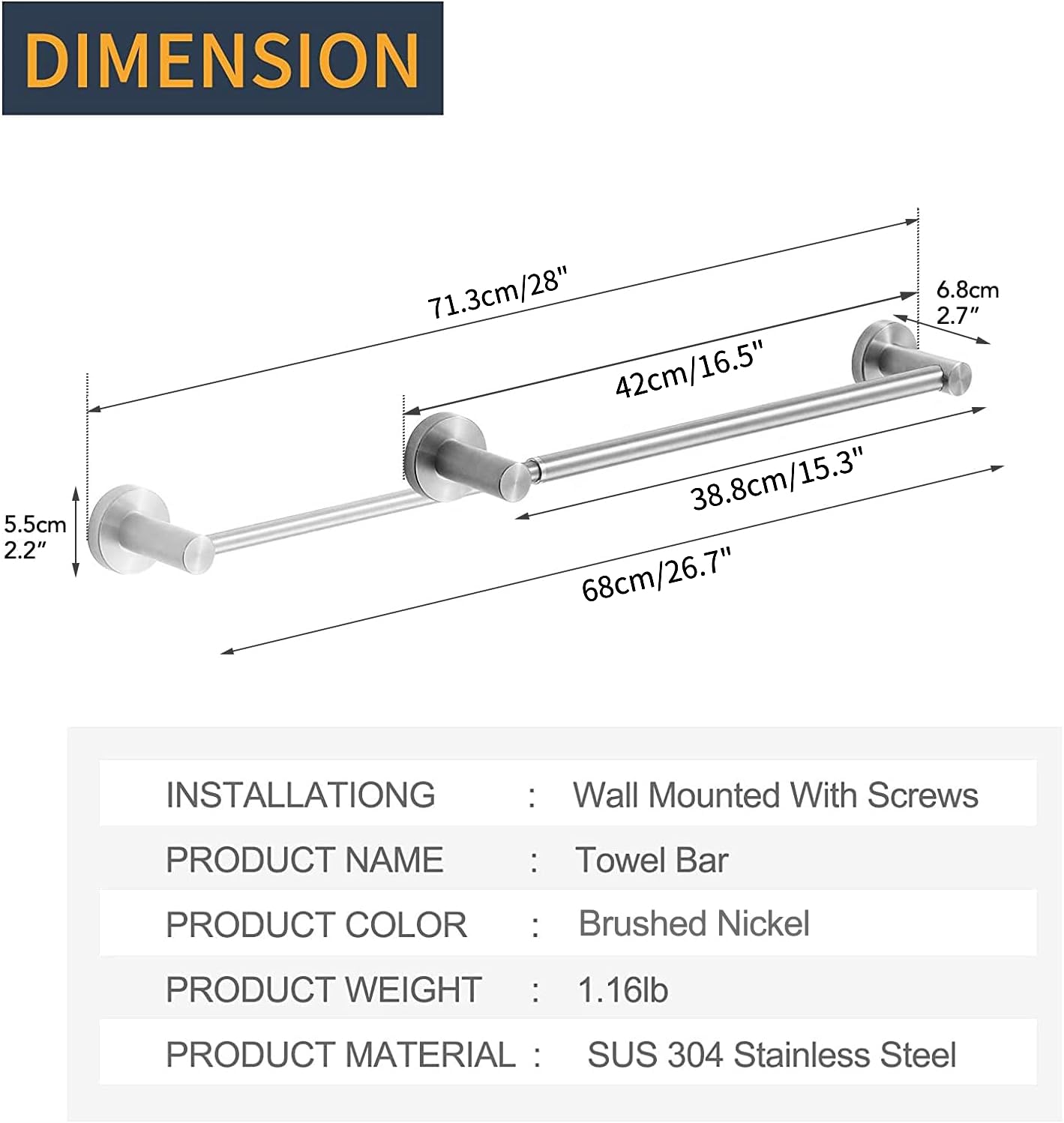 BESy, Adjustable 16" to 27" Single Bathroom Towel Rack SUS304 Stainless Steel Towel Holder, Wall Mount with Screws - Image 4