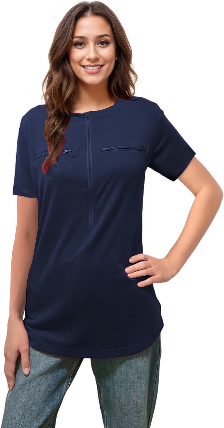 Youdiao Chemo Port Shirts for Women Short Sleeve Post-Surgery Recovery with 2 Side Snaps Dual Zipper Dialysis Cancer Clothing - Image 6