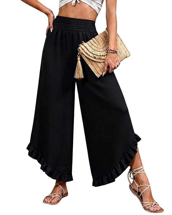 IEEILULU Wide Leg Pants for Women - Beach Pants for Women Flowy Floral Palazzo Pants High Waisted Casual Trousers Beach Vacation Outfits Black M by IEEILULU - Used condition - US$18.16