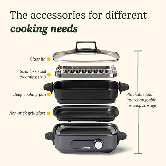Cuisinart Cook in 5 in 1 Multi Cooker Grill, Sear, Steam, Simmer and Slow Cooker Non-Stick, Interchangeable Plates and Pans Stackable, Easy Storing Energy Efficient Midnight Grey