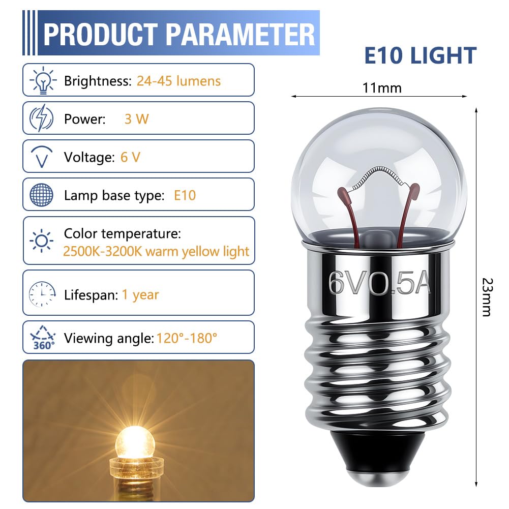 AUAUY Zestaw 12 mini żarówek E10 DC 6 V 0,5 A, ciepła biel 3200 K, E10 z gwintem śrubowym, mała kula do latarki, eksperymenty elektryczne, lampka ostrzegawcza