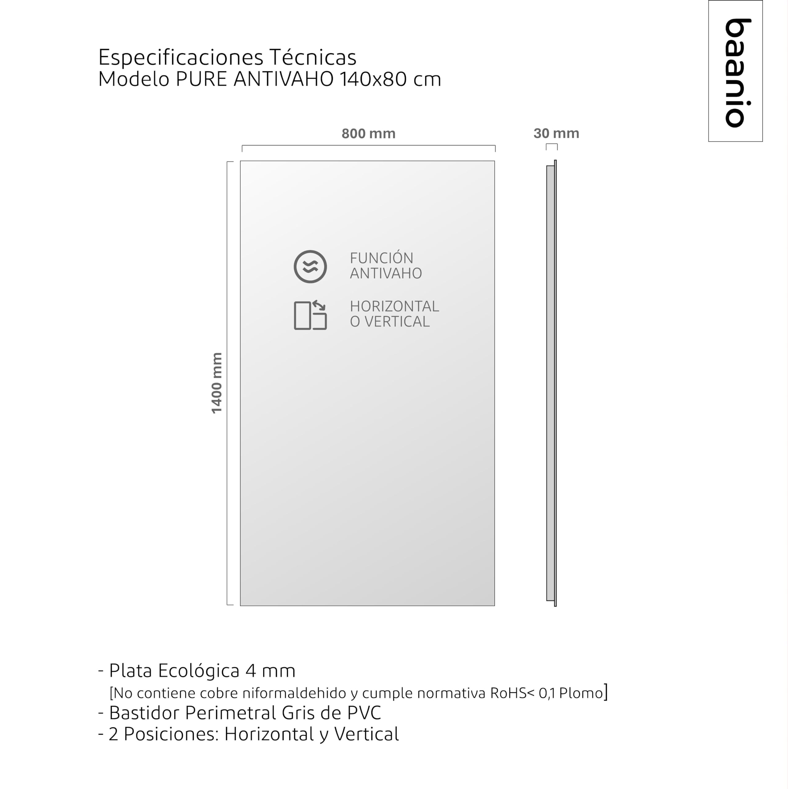 Espejo Baño Rectangular 80x140 cm Pure | Espejos de Baño con Antivaho | Vidrio Resistente 4 mm, Plata Ecológica sin Cobre, Fácil Instalación | Montaje Horizontal o Vertical | Diseño Moderno