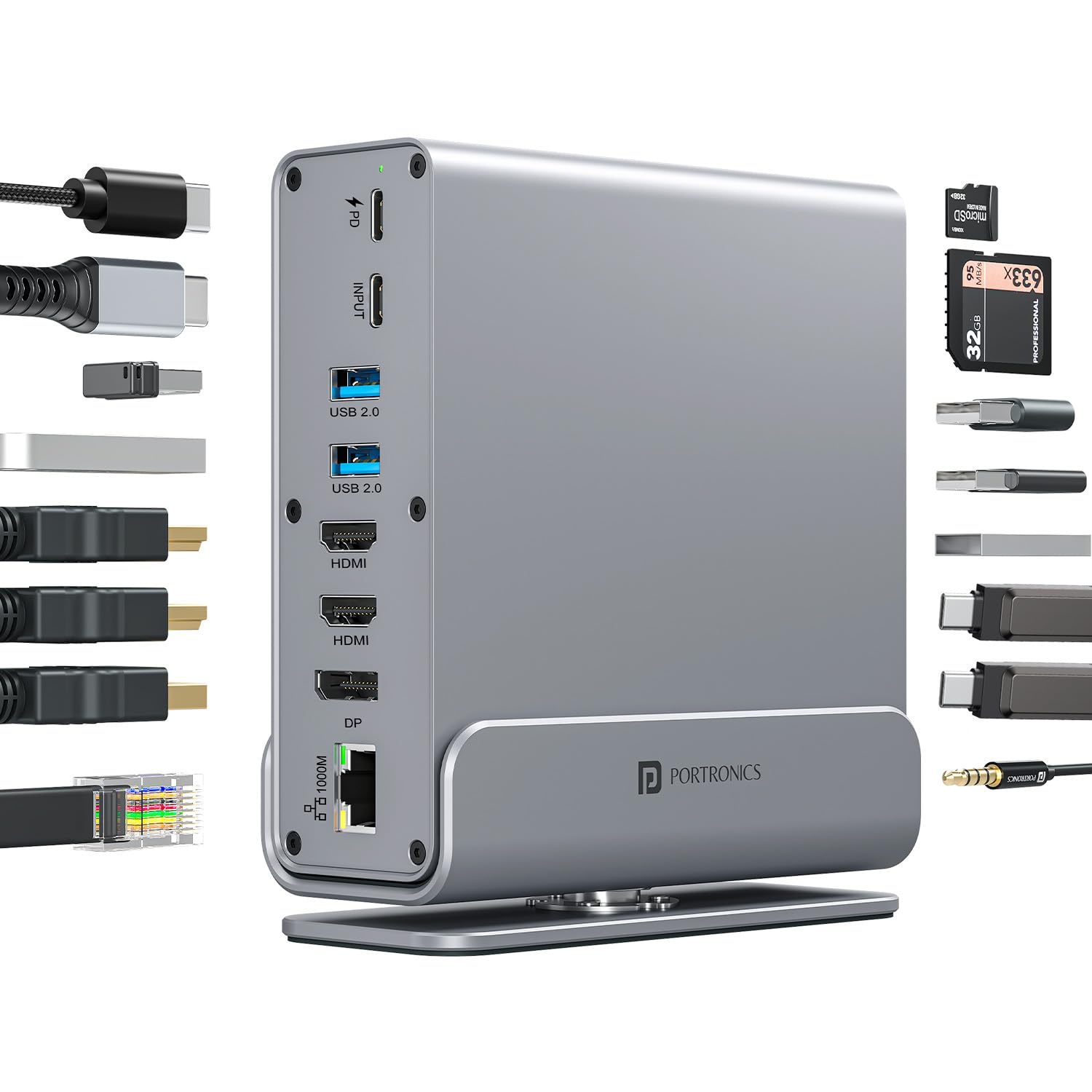Portronics MPort Vault Pro 15-in-1 Type-C Metal Docking Station, Dual 4K@30Hz HDMI, 8K@30Hz DP, Triple Display Outpt, 100W PD, USB 3.2 & 3.0, 1000M Ethernet, SD/microSD 3.0 Slots
