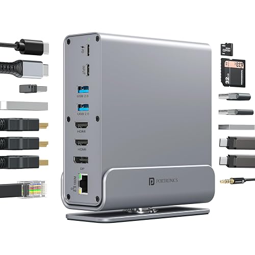 Portronics MPort Vault Pro 15-in-1 Type-C Metal Docking Station, Dual 4K@30Hz HDMI, 8K@30Hz DP, Triple Display Outpt, 100W PD, USB 3.2 & 3.0, 1000M Ethernet, SD/microSD 3.0 Slots